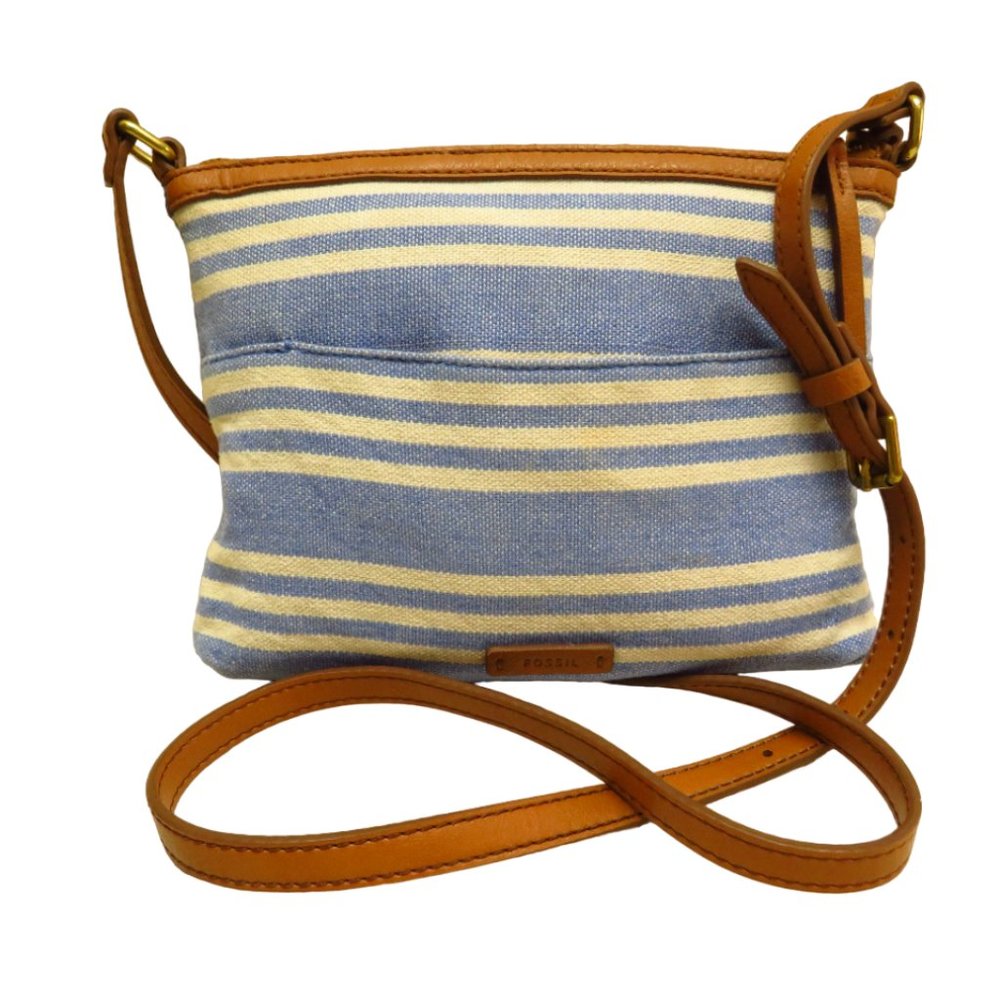 Small Crossbody Bag Striped Canvas Blue & White Zip Top